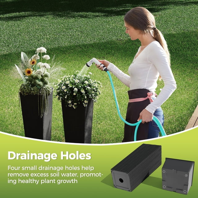 Black Tall Planter Pots – Set of 2 Modern All-Weather Planters – 24" & 32" Large – Rectangular Rattan, Removable Liners & Drainage Holes –Trees, Flowers, Porch, Patio 2 high belt tray