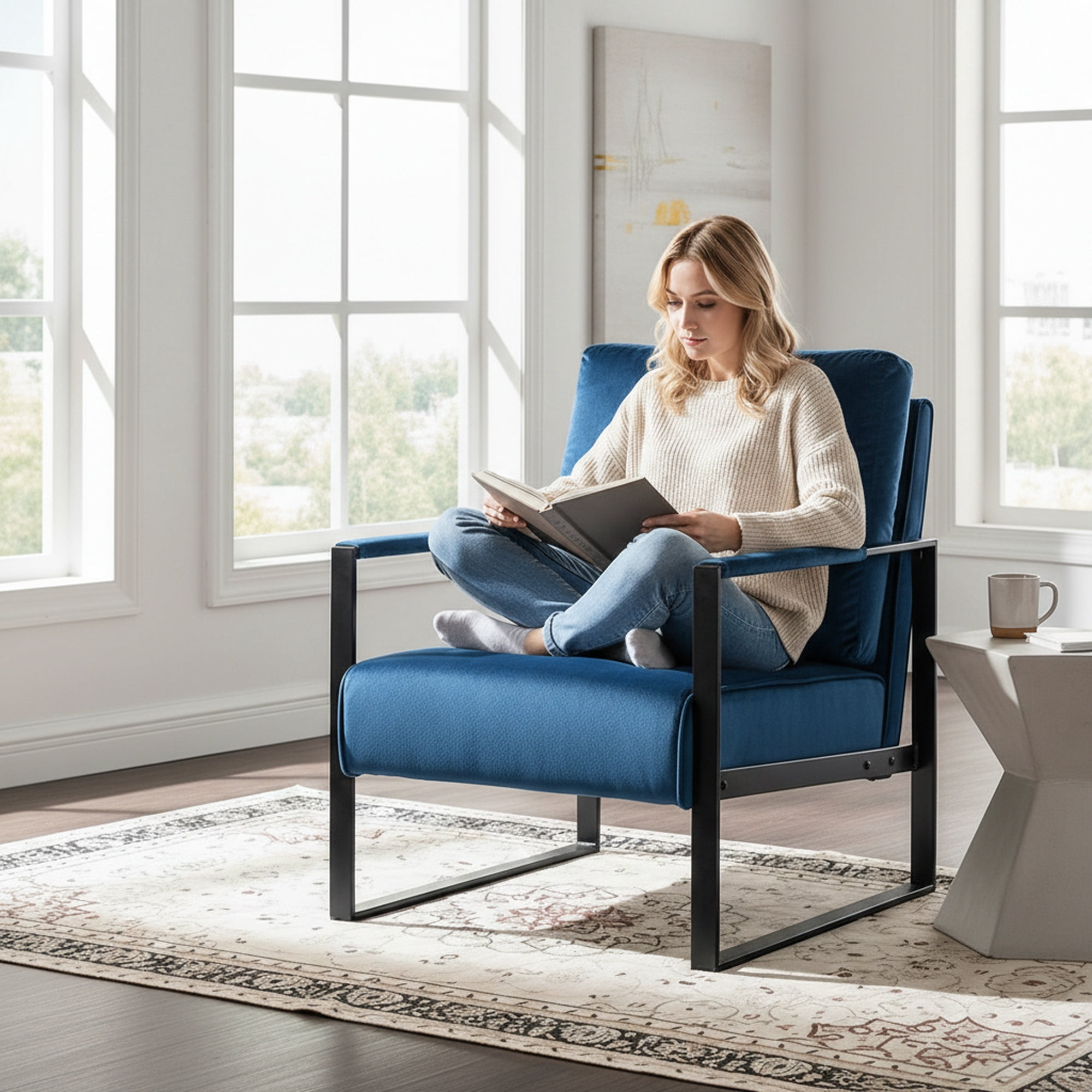 MOONMISS Mid-Century Modern Accent Chair,Black Square Metal Frame with Thick Cushion,Blue Velvet