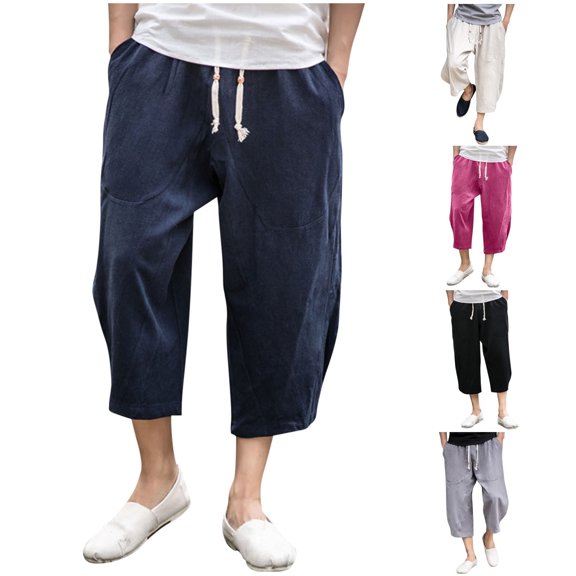 Fengqque Men's Casual Elastic Waistband Drawstring Capri pants Lightweight Loose Beach Yoga Pants with Pockets Navy XL(XL)