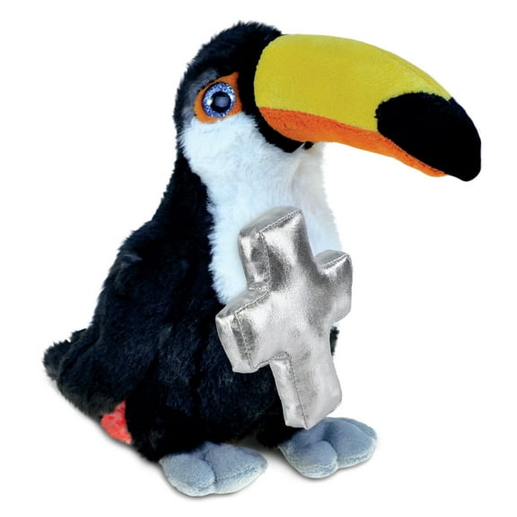 DolliBu Toucan Bird Stuffed Animal with Silver Cross Plush – Religious Baby Baptism Gifts for Boys and Girls, Dedication Christening Gifts Plush Prayer Toy Healing Stuffed Animal - 8 Inches
