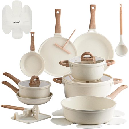22 Pcs Pots and Pans Set Non Stick Non-Toxic Ceramic Kitchen Cookware Sets Nonstick Pot&Pan With Lid Cream White Granite Induction Compatible with Glass Lids Crepe