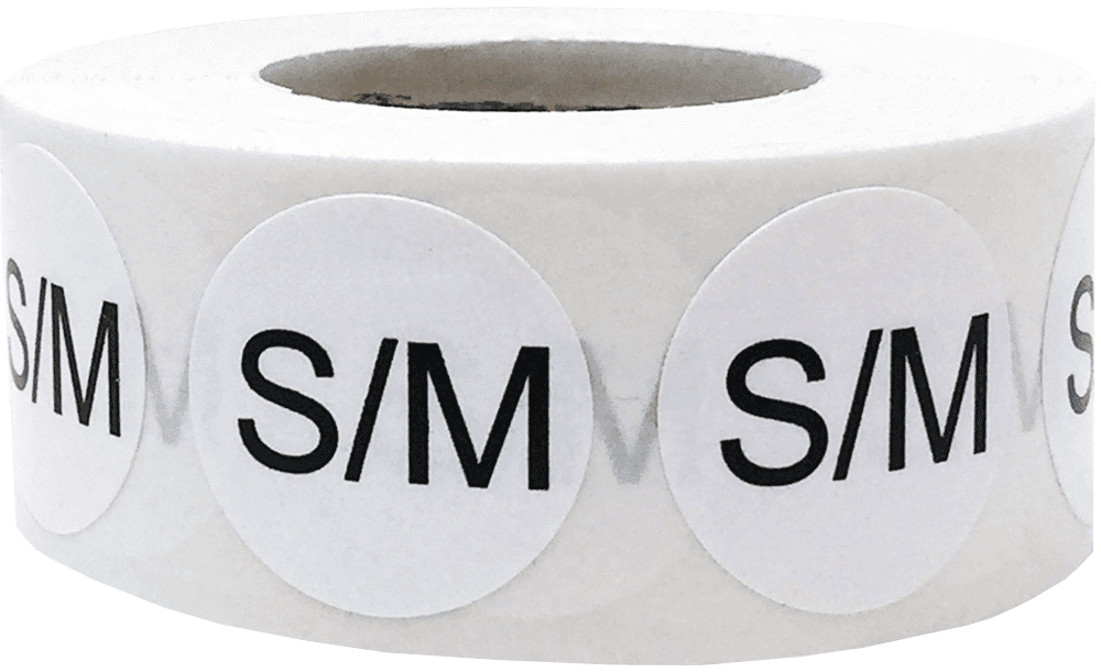 Round 3/4" Size S/M Retail Clothing Size STICKERS LABELS Black Text 1000 Count 