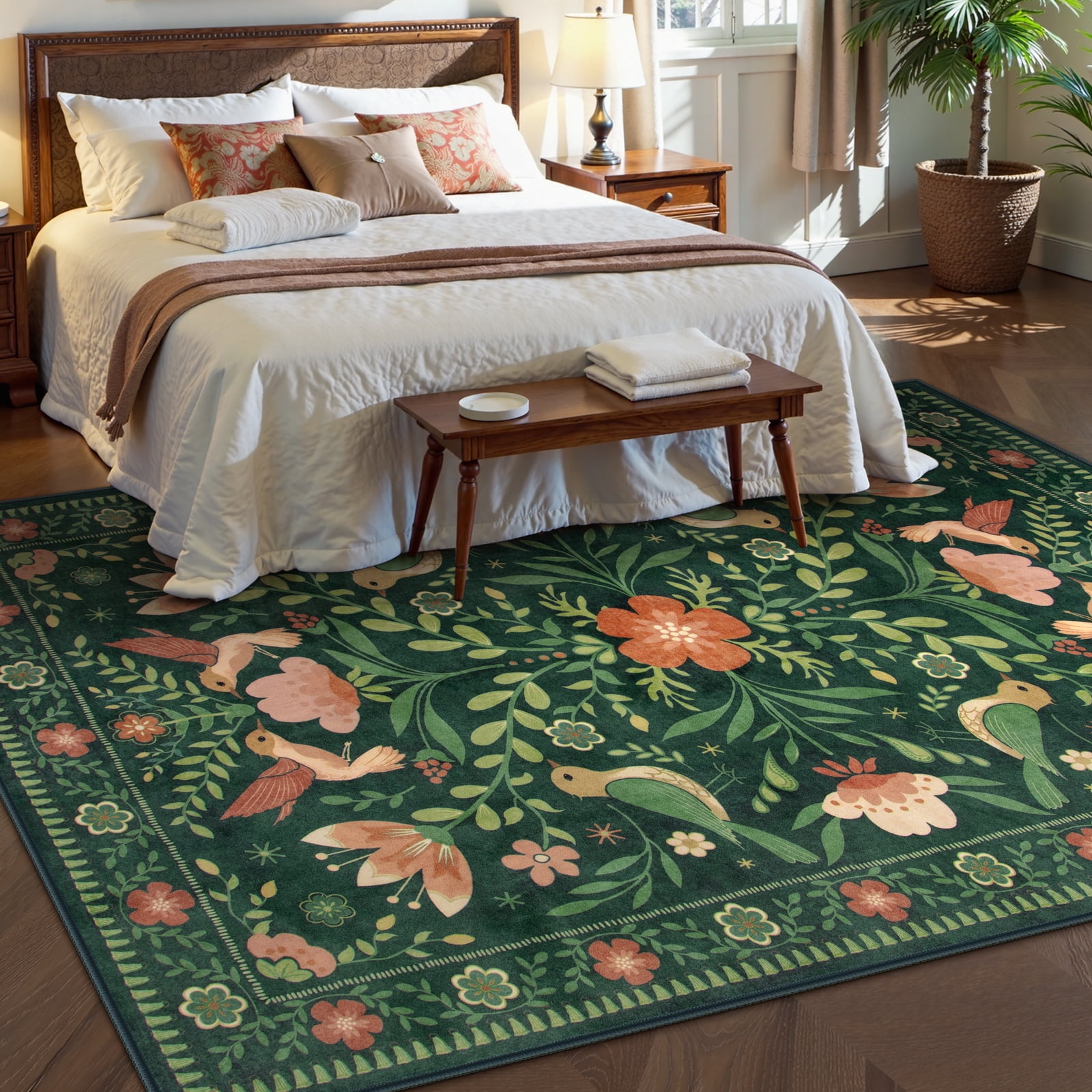 Lahome Decor 6'x9' Boho Bird Area Rugs,Floral Rug for Living Room Machine Washable,Soft Indoor Carpet,Non-Slip Low Pile for Bedroom Dining Room Playroom Office,Green