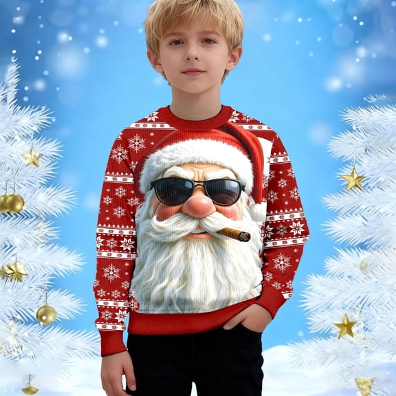 Boys Sweatshirts Boys Girls Christmas Print Crew Neck Long Sleeve Pullover Hoodless Top Red 4-5 Years