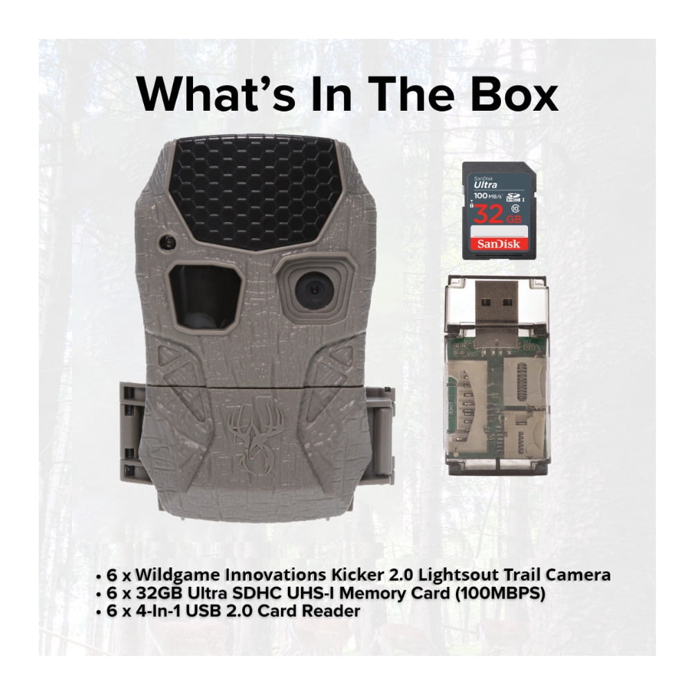 Wildgame Innovations Kicker 2.0 Lightsout Trail Camera with 18MP Resolution and 720p Video Capture (6-Pack) Bundle with All-In-One Card Reader and 32GB Ultra SDHC UHS-I Memory Card (13 Items)