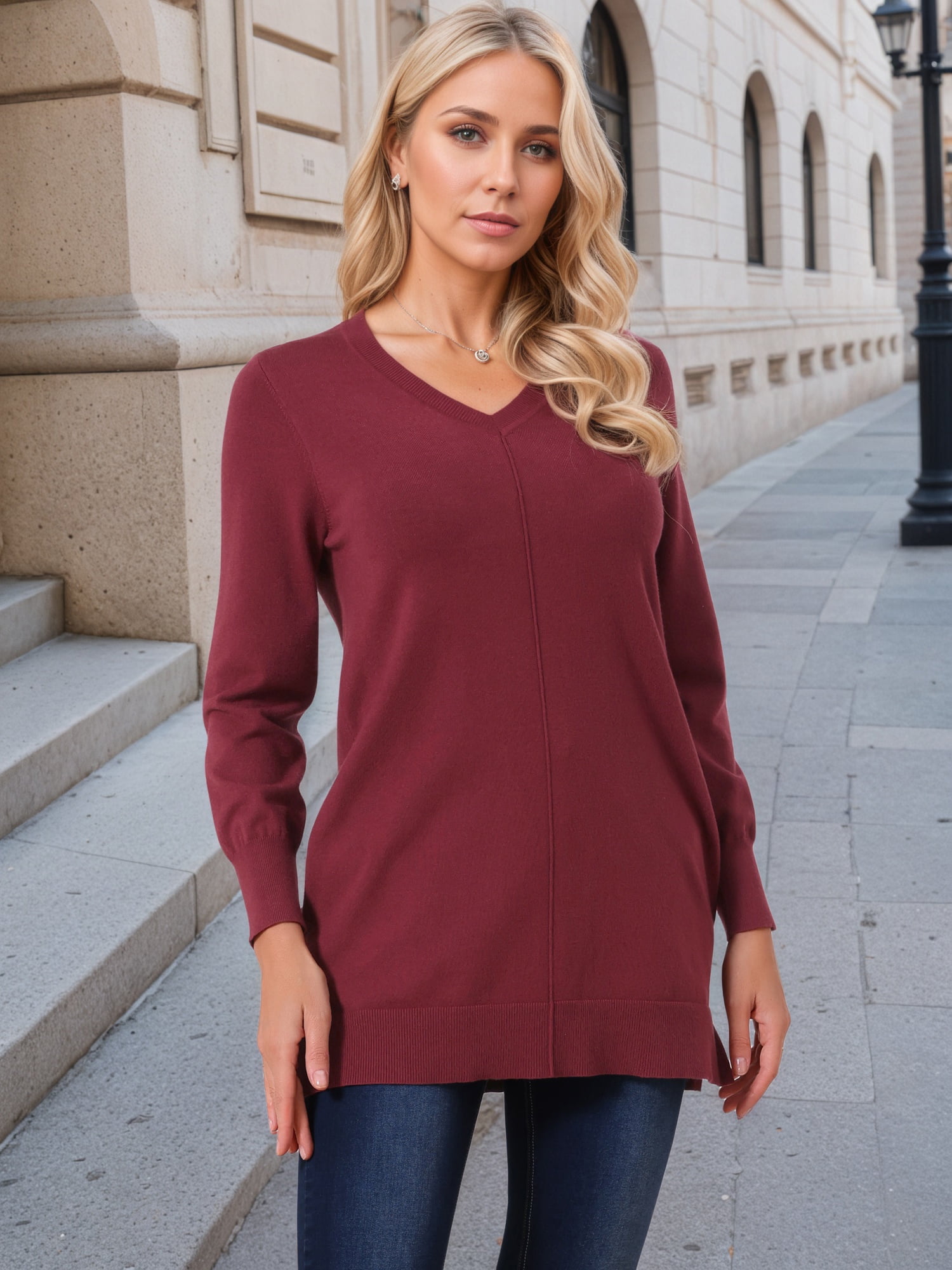 DARING DIVA V Neck Long Sleeve Chunky Knit Pullover Sweater XL Wine Red