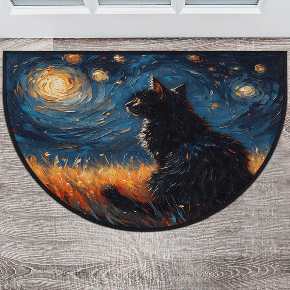 CURLYOOT Black Cat Half Round Door Mat, Indoor Outdoor Entrance Rug, Watercolor Abstract Semi Circular Area Rug, Non Slip Washable Absorbent Doormat, Laundry Room Rug 40'' x 63''