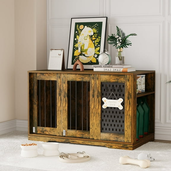 SNYNUXX Dog Crate Furniture with Pegboard, Storage Cabinet and Hidden Sliding Doors, Indoor Furniture-Style Wooden Puppy Dog Kennel for Medium Small Dogs, Rustic Brown