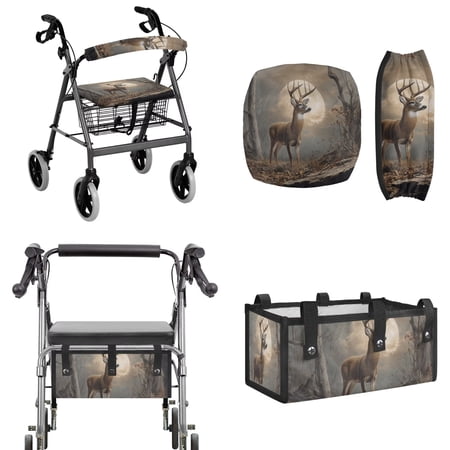 FOR U DESIGNS Deer Moon Print Walker Accessories Set for Seniors, Breathable Rollator Walker Seat Cover, Backrest Cover, Large Capacity Under-Seat Storage Bag