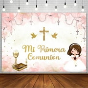 Baptism Backdrop for Girls Mi Primera Comunion Christening Party Decorations First Holy Communion God Bless Mi Bautizo Banner Chalice Blush Pink Pastel Photography Background Photo Props