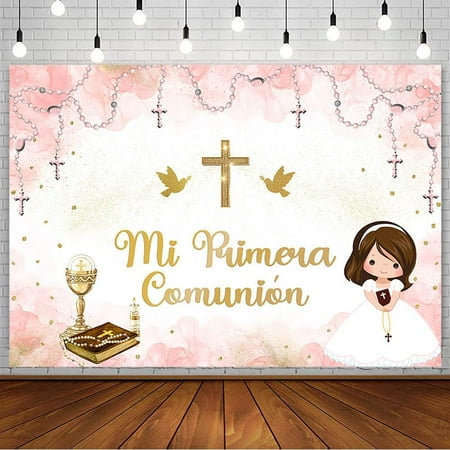 Baptism Backdrop for Girls Mi Primera Comunion Christening Party Decorations First Holy Communion God Bless Mi Bautizo Banner Chalice Blush Pink Pastel Photography Background Photo Props