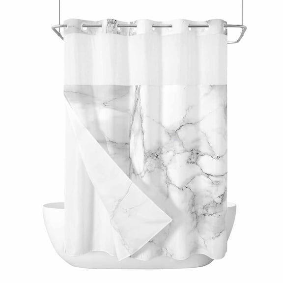 No Hook Shower Curtains with Snap-in Liner Set, Marble Grey White Waterproof Hotel Style Bathroom Shower Curtain, Cracked Rock Greyscale Fake Stone Breathable Mesh Top Window Bath Curtains 72''x84''