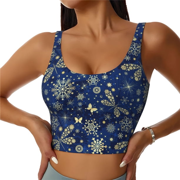 Balery Dark Blue Christmas Sujetadores deportivos con espalda cruzada para mujer, acolchados, sin costuras, de alto impacto, ideales para yoga, gimnasio, entrenamiento y fitness.-