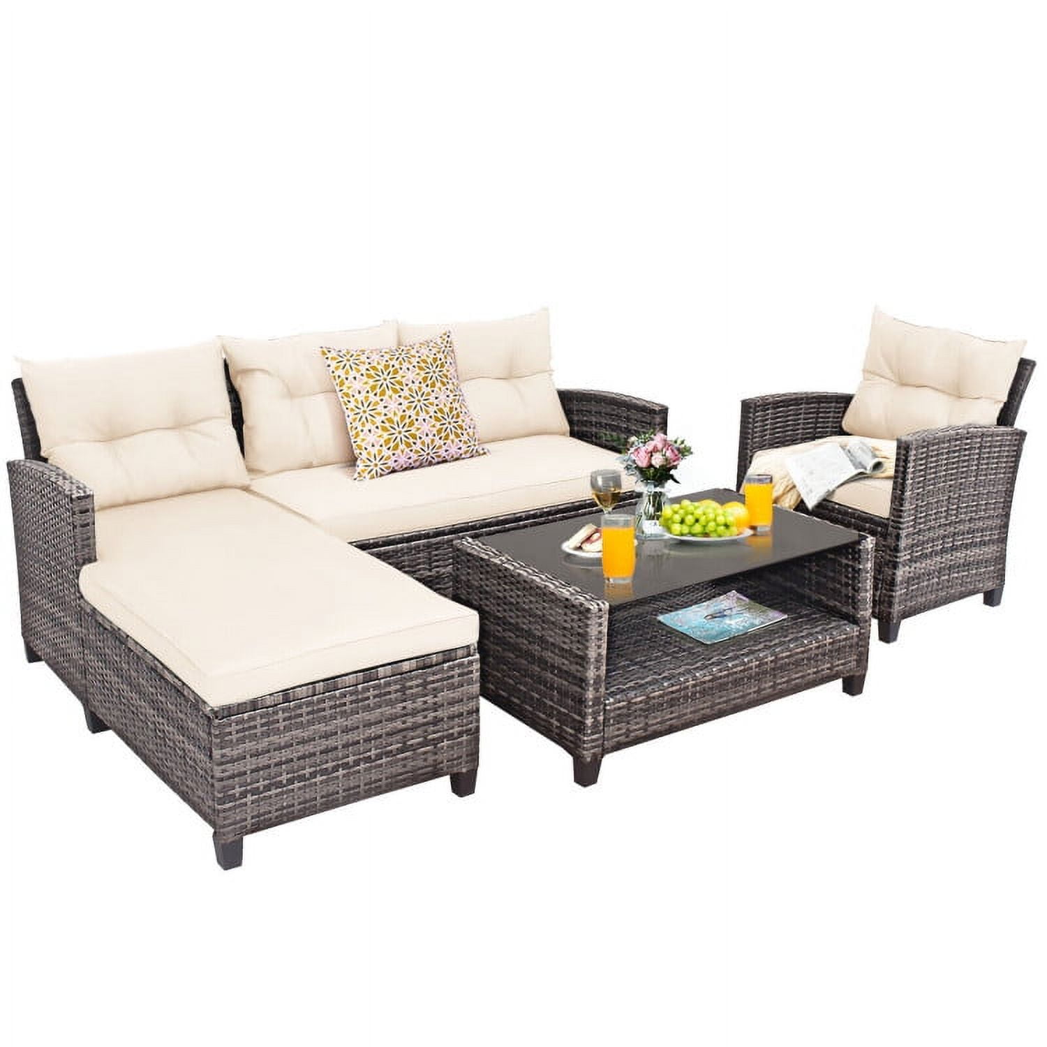 Aimee Lii 4 Pieces Patio Rattan Furniture Set with Cushion and Table Shelf, Outdoor Deck Furniture, Off White Aimee Lii 4 Pieces Patio Rattan Furniture Set with Cushion and Table Shelf, Outdoor Deck Furniture, Off White