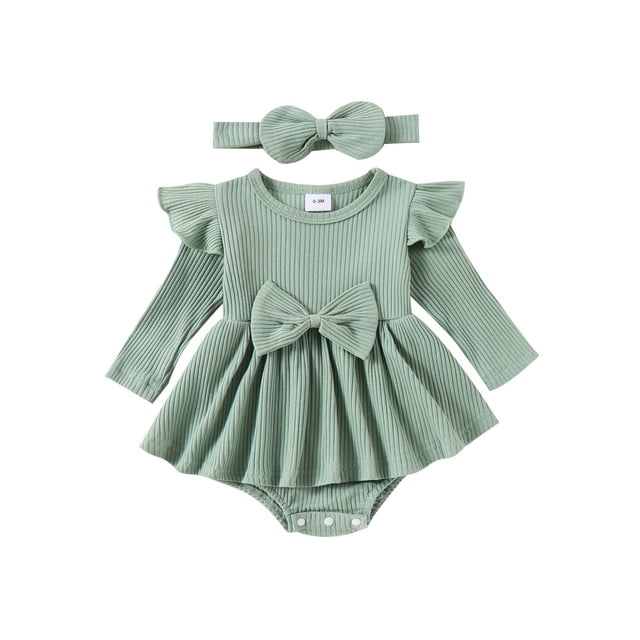 FOCUSNORM Tenue de Printemps pour Bébé Fille Nouveau-Né Robe à Manches Longues Col Rond avec Nœud et Bandeau Vêtements d'Automne pour Nourrisson