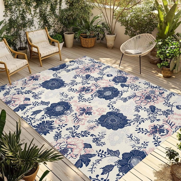 Navy Blue Floral Outdoor Rug 5x7 Ft - Reversible Patio Rug Outdoor Camping Rugs, Vintage Watercolor Botanical Flower Leaf Indoor Outdoor Area Rugs, Non-Slip Outdoor Carpet Runner for Deck/Porch