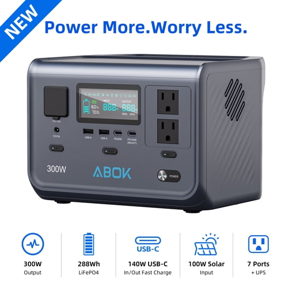 ABOK Ark300 Upgraded 2026 Ultra-Light 8.4lbs Portable Power Station | 288Wh Long-Life LiFePO4 Battery, 1.5Hr Fast Recharge, 300W Solar Generator for Camping, RV, CPAP & Outages