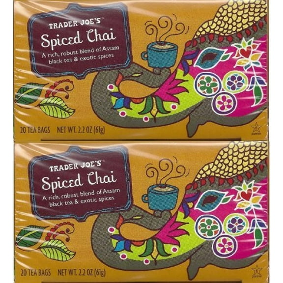 TJ Spiced Chai (A Rich, Robust Blend Of Assam Black Tea & Exotic Spices), 20 Tea Bags (2-Pack) By TJ [Foods]