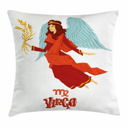 - Virgo Throw Pillow Cushion Cover, Astrological Zodiac Sign with Woman with Wings and Cute Dress Horoscope, Decorative Square Accent Pillow Case, 18 X 18 Inches, Vermilion Seafoam Orange, by Ambesonne