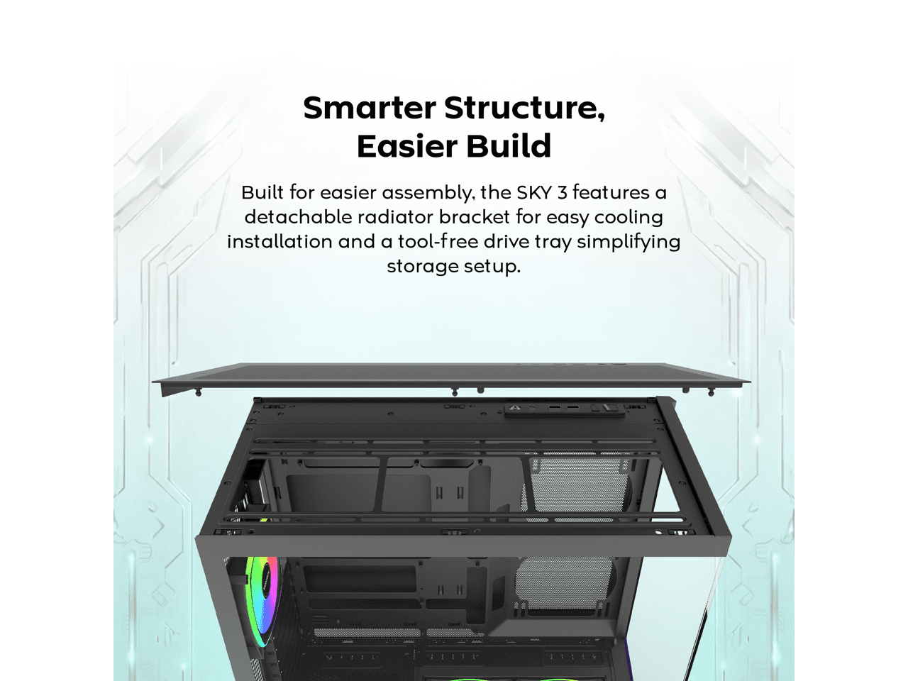 MONTECH SKY 3 ATX PC Case, Panoramic Glass, Adjustable Airflow, Personalized Design, 360mm Radiator Support, 3x120mm ARGB PWM Fans Pre-Installed, Compact Build for Next-Gen GPU, Black (SKY3B)