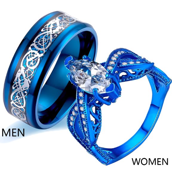 DESIGNICE Blue Matching Rings His and Her Rings Couple Rings 1Ct Cz Women Wedding Ring for Him and Her Men and Women Ring