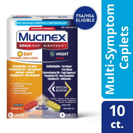 Mucinex Sinus-Max Day Pressure, Pain & Cough & Nightshift Sinus Medicine, OTC Symptom Relief, 10 Caplets