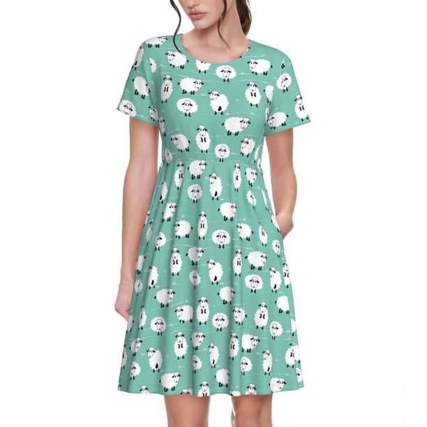 Disketp Cute Sheeps para Vestido de Manga Corta para Mujeres, Vestidos de Verano para Mujeres, Casual y Holgado para la Playa