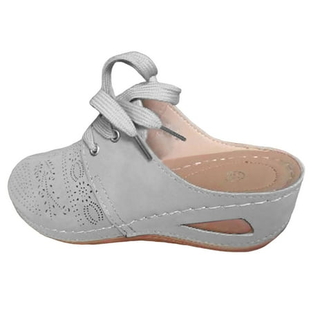OJSFQUFP Womens Comfort Sandals Casual Closed Toe Half Slippers for Women Lace Up Wedge Heels European Large Size Hollow Slippers Slipper Shoes for Women Light Gray 43