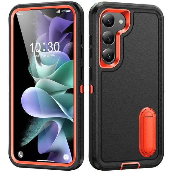For Samsung Galaxy S23 Military Grade Dual Layer Shockproof Phone Case Build With Kickstand Drop Proof Protective Cover for Galaxy S23 5G(Black/Orange)