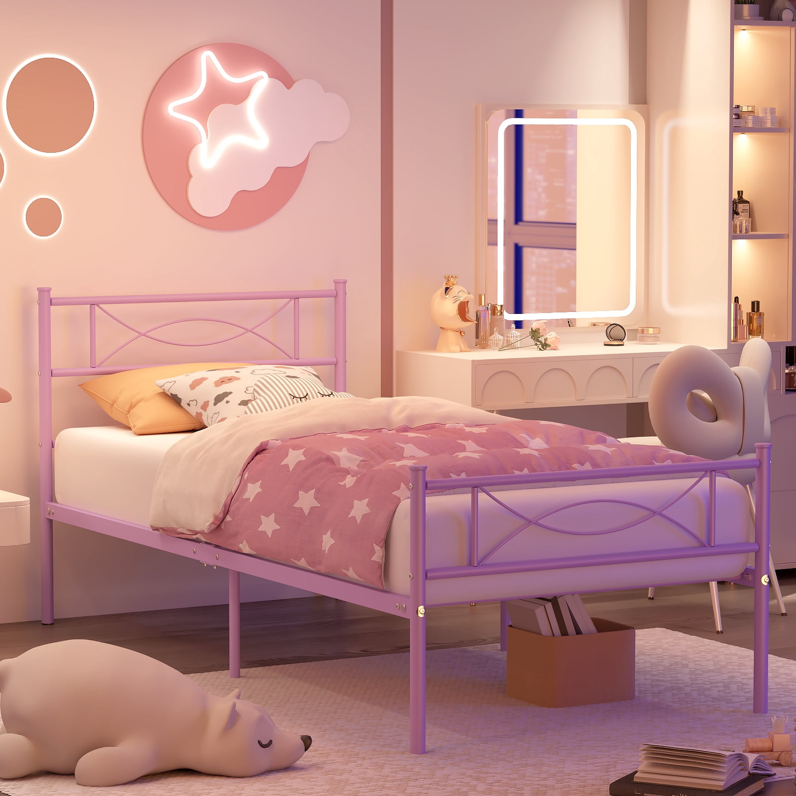 Mintazer Kids Twin Metal Platform Bed Frame with Cute Bowknot Headboard & Footboard for Boys Girls Teens, Purple
