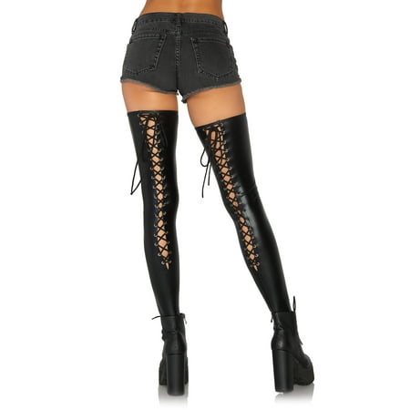 

Leg Avenue Women s Wet Look Footless Lace-Up Thigh Highs