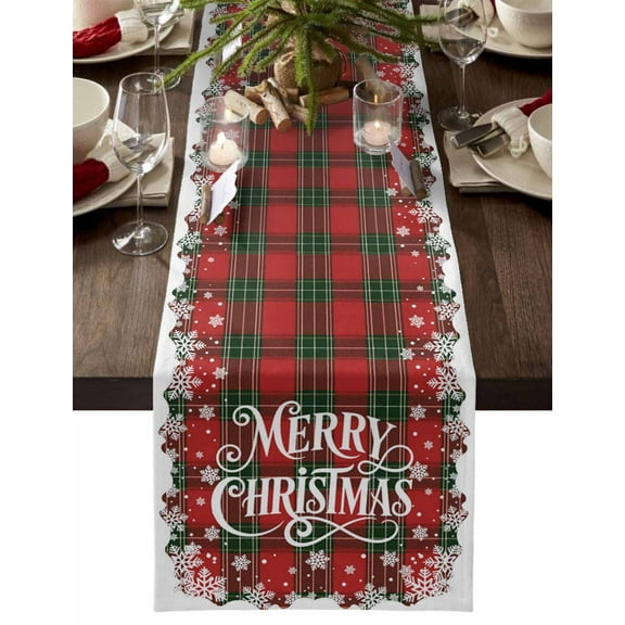 Christmas Dresser Scarf Farmhouse, Dining Table Decorations for Wedding/Parties, Xmas Red Green Buffalo Plaid Winter Snowflakes Table Runner 90 Inches Long for Kitchen Dining, 13 x 90 In