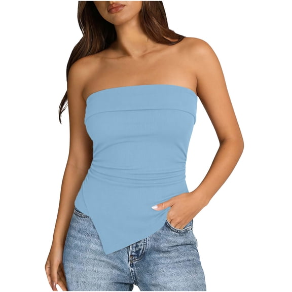 DAFPZW Going Out Tube Tops for Women Trendy Summer Asymmetrical Hem Ruched Strapless Bandeau Shirts Spring Clothes