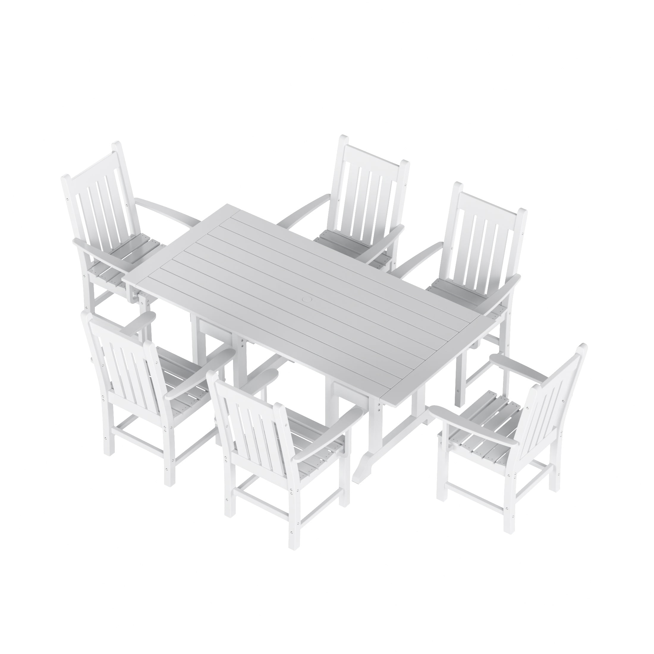 WestinTrends Malibu 7 Piece Outdoor Dining Set, All Weather Poly Lumber Patio Table and Chairs Furniture Set, 71" Trestle Dining Table with Umbrella Hole and 6 Arm Chairs, White