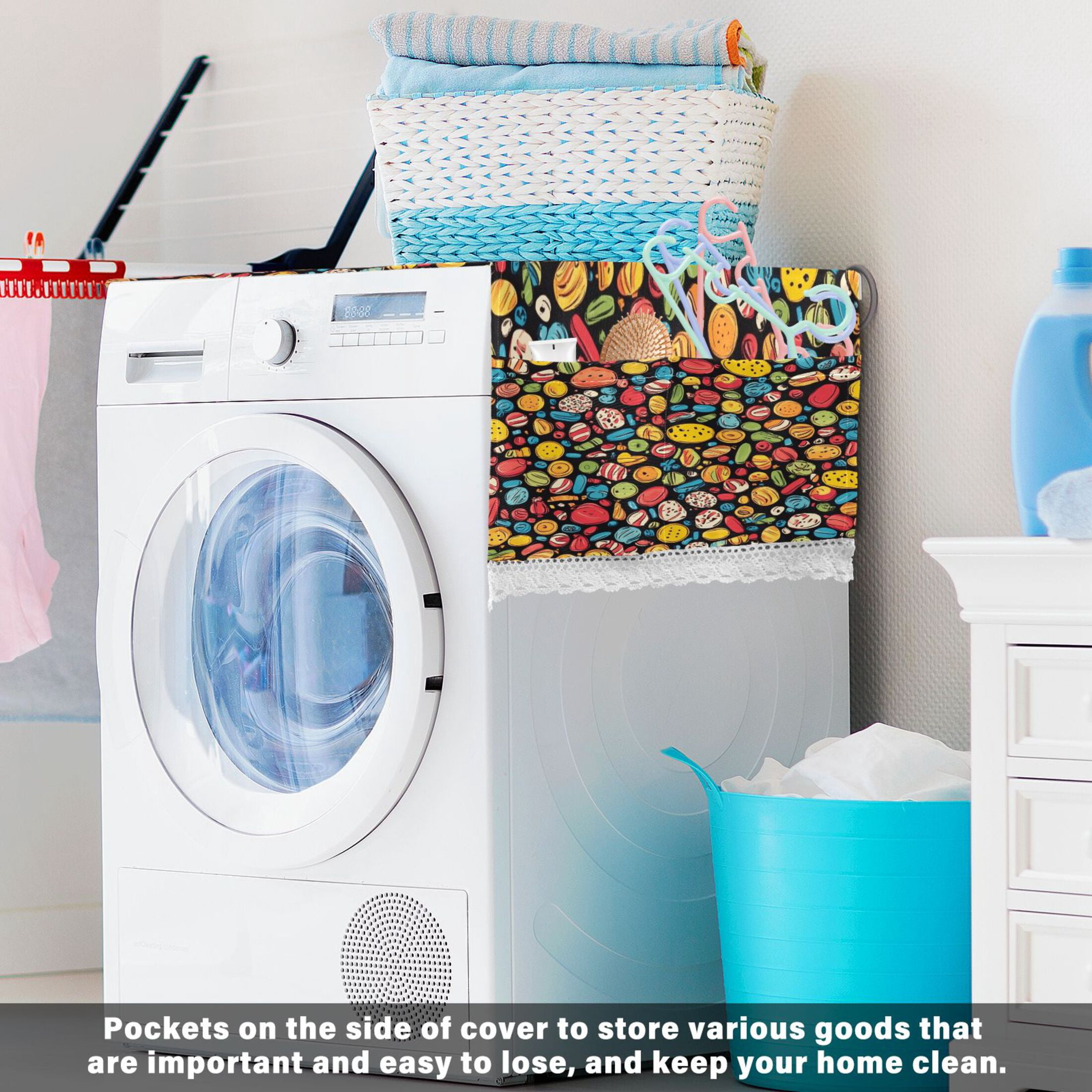 Snacks PatternWasher and Dryer Covers Dust-Proof and Oil Resistant Fridge Cover with 4 Storage Pockets Washing Machine Top Cover for Laundry Kitchen Home 51.2 x 22 In