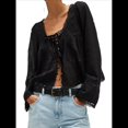 thumbnail image 2 of Blusa Holgada de Larga con Lazo Frontal para Mujer, con Ribete de Encaje y Botones, Cuello Cuadrado, Ropa para Salir, Estilo Y2K. Negro S, 2 of 10
