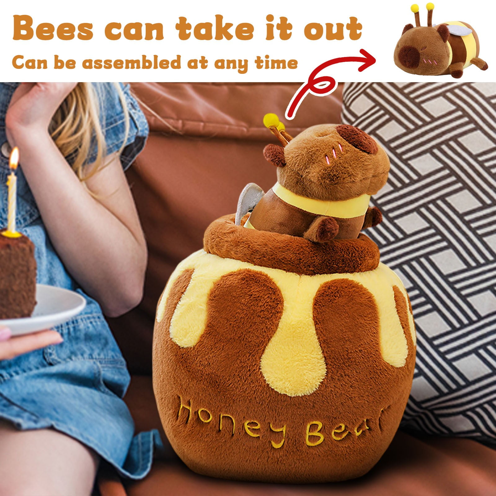 Capybara Plushies Toy, Cuddly & Soft Huggable Bee & Honey Jar Capybara Stuffed Animal Plush Pillows, Birthday Christmas Graduation Back to School Gift for Teens & Women