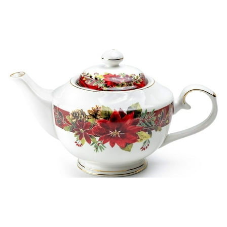 Poinsettia Pine Cone Fine Porcelain Teapot