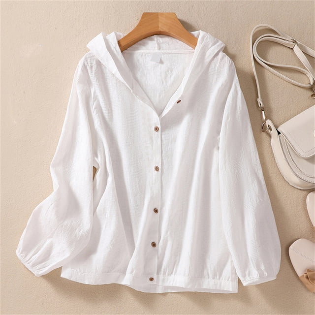 RXIRUCGD Womens Long Sleeve Hooded Blouse Solid Color Oversize Tops Cardigan Button, White, Size: 2XL