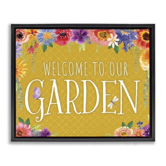 Stupell Industries Garden Welcome with Floral Border Quotes and Sayings Painting Black Floater Framed Canvas Art Print Wall Art, 21 x 17