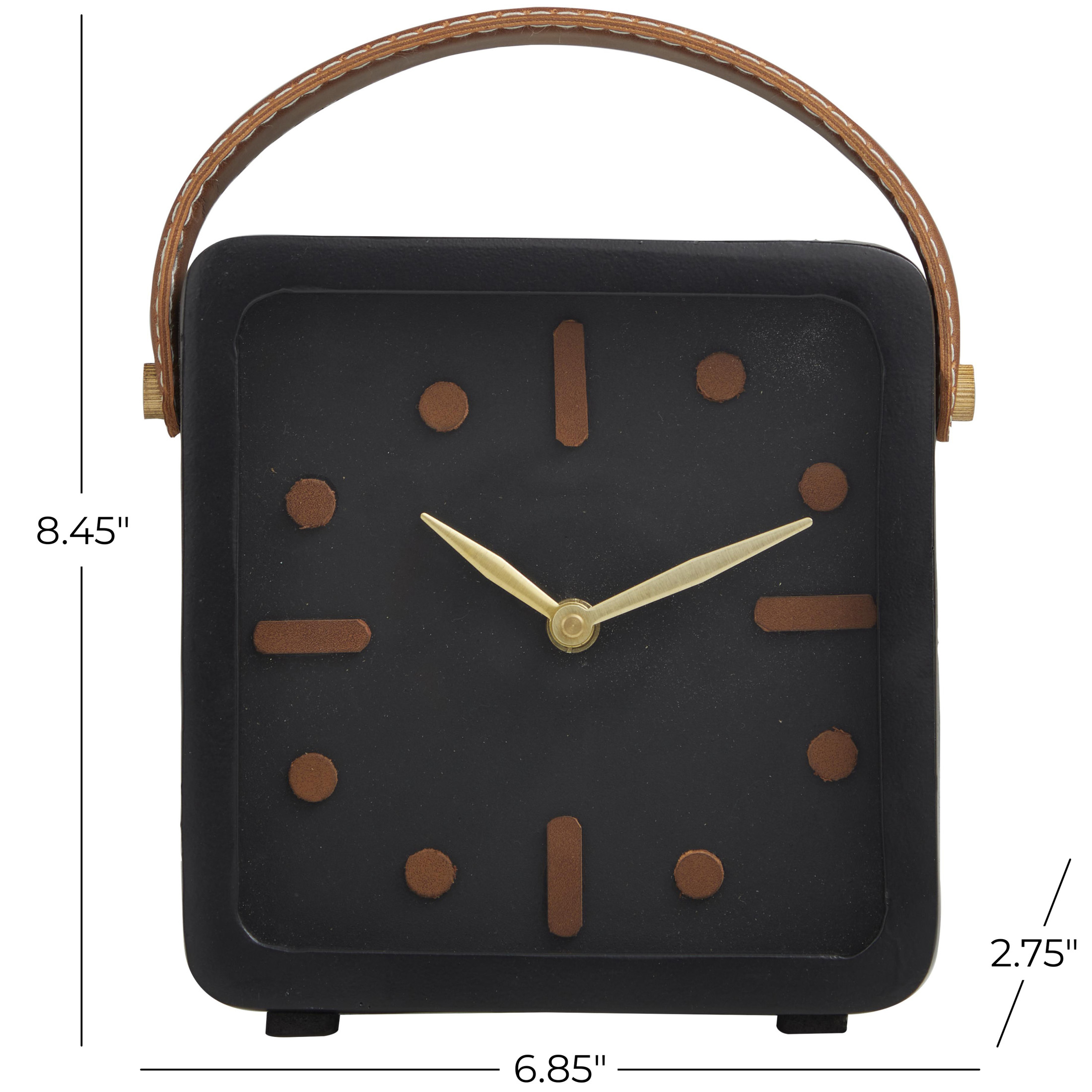 DecMode 8" Black Metal Small Clock with Leather Handle and Hour Markers