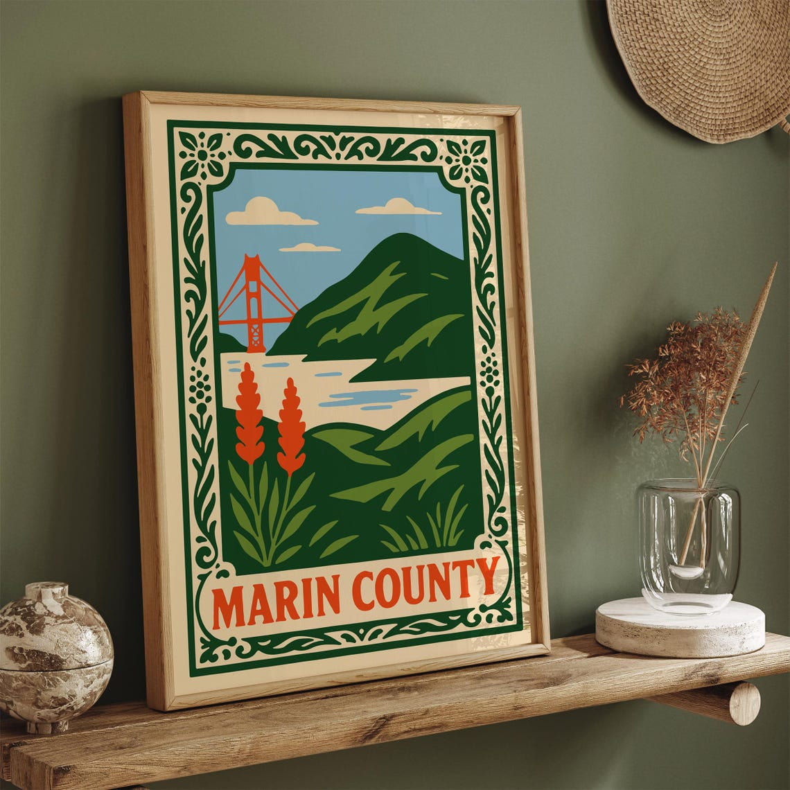 Marin County Retro California Coast Travel Art Poster , Poster Print Only