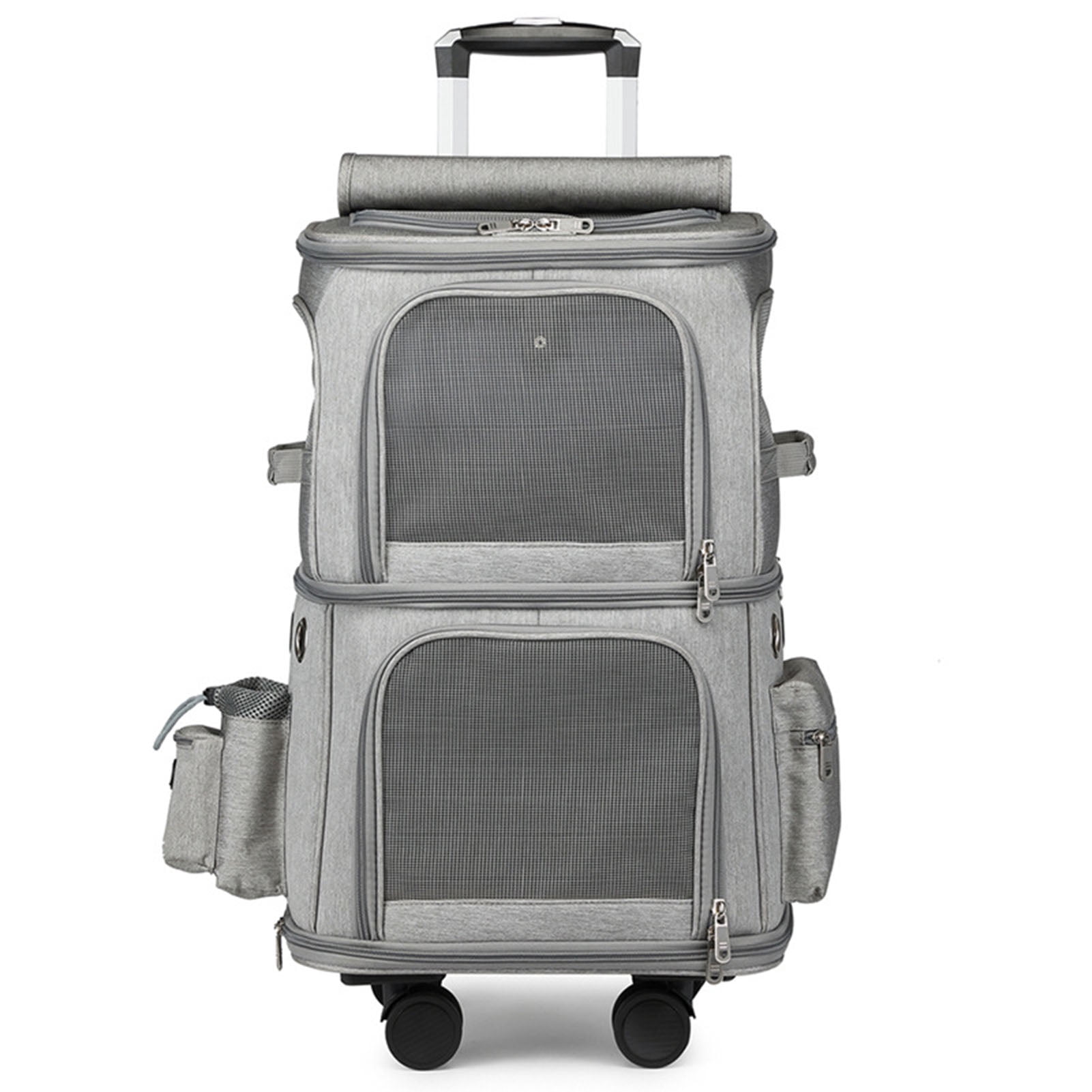 Double Compartment Pet Carrier Backpack Folding Cat Backpack Carrier with Trolley Wheels for Travel Walking Grey