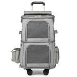 Double Compartment Pet Carrier Backpack Folding Cat Backpack Carrier with Trolley Wheels for Travel Walking Grey