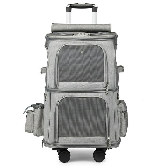 Double Compartment Pet Carrier Backpack With Trolley Wheels For Travel Walking