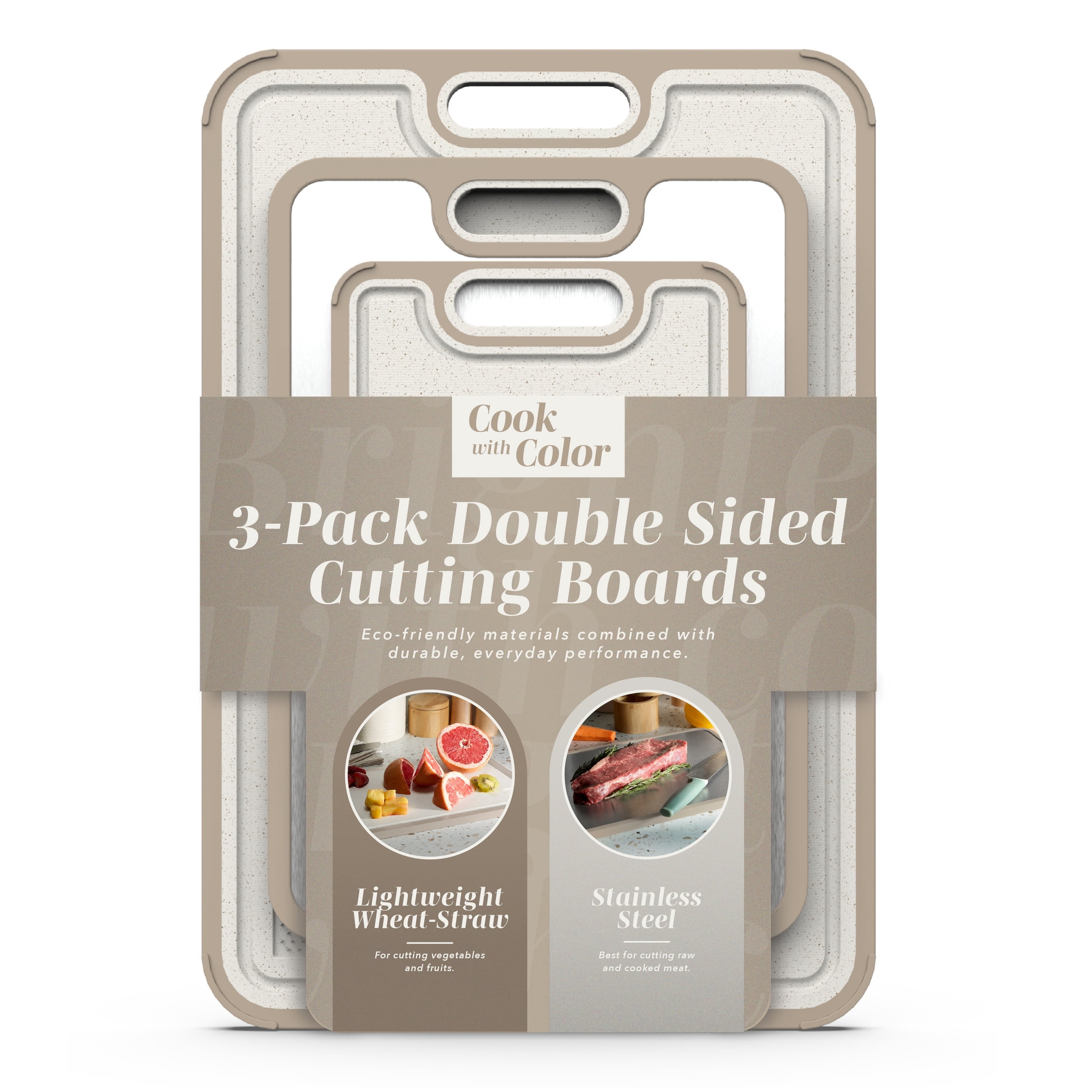 Cook with Color Dual-Sided Stainless Steel and Wheat Straw Cutting Board Cream