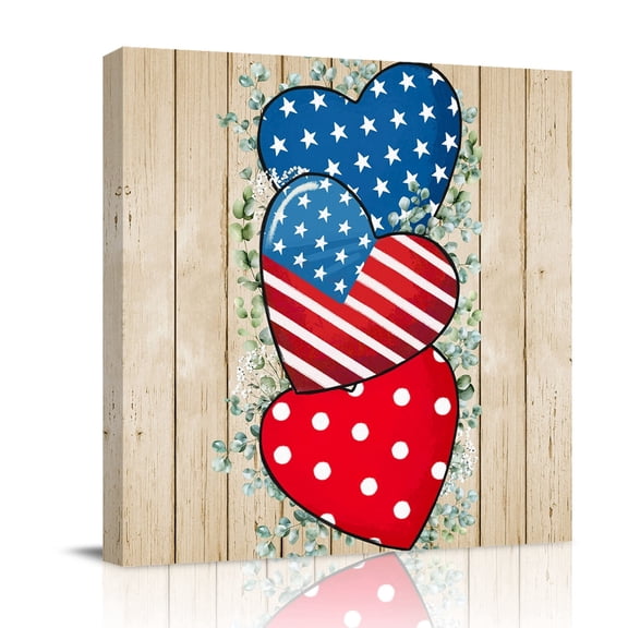 Canvas Wall Art Independence Day Canvas Art Print Hearts American Flag Eucalyptus Leaves Pictures Wall Decor for Living Room Bedroom Artwork Decorations Stretched Framed Ready to Hang 16"x16"