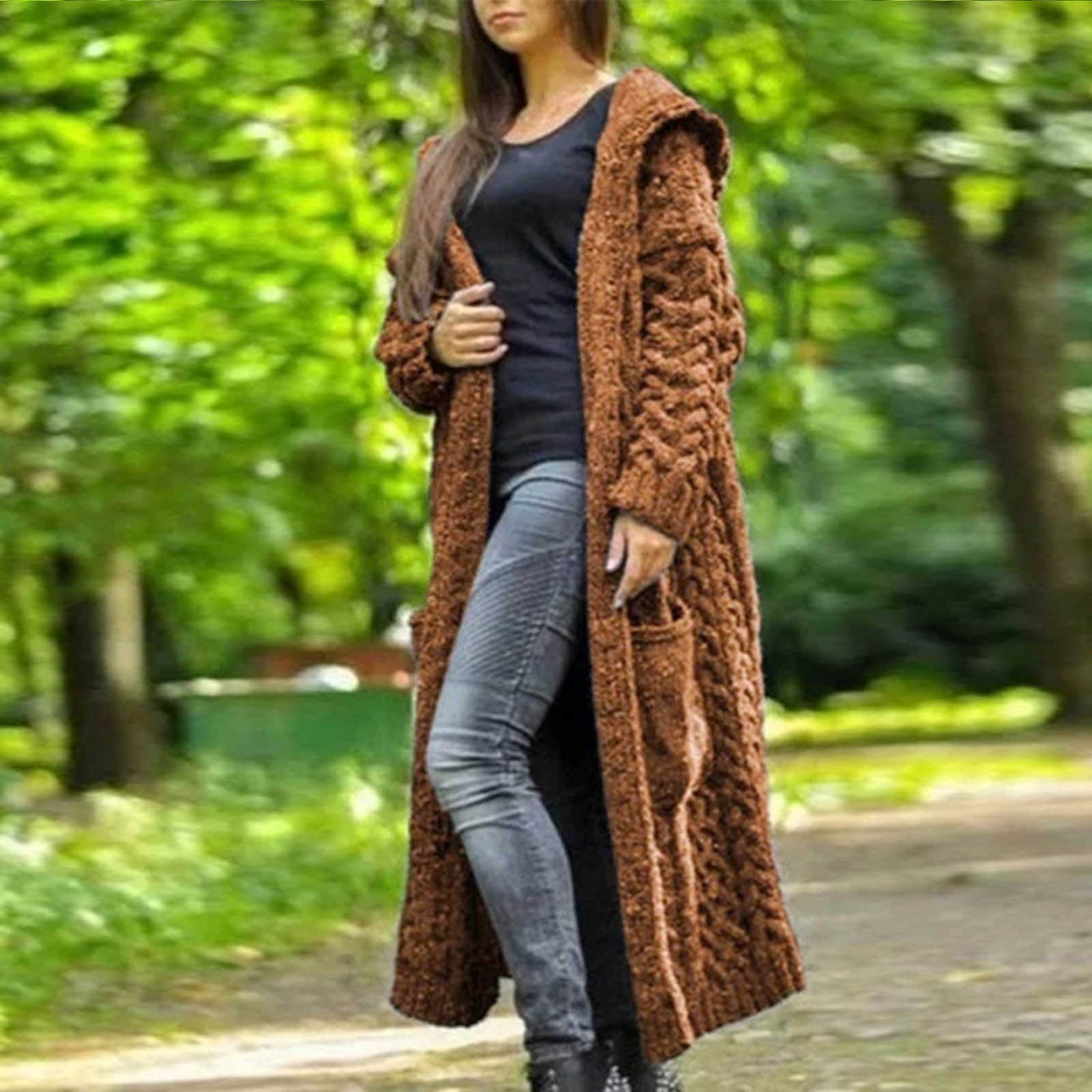 Hvot&aat Women's Cable Knit Hooded Sweaters Open Front Cardigan Long Sleeve Sweater Coats Oversized Maxi Jacket with Pockets