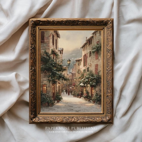 Vintage European Village Art Print, Old World Winter Street , Rustic Town Wall Decor, Neutral Artwork,, Unframed Canvas Size 12x18