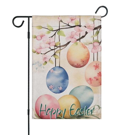Happy Easter Day Yard Flags Linen Garden Flag Watercolor Eggs Butterfly Yard Flags Vertical Double Sided Outdoor Flags for Home, Garden Decorations 12.5''×18''in.